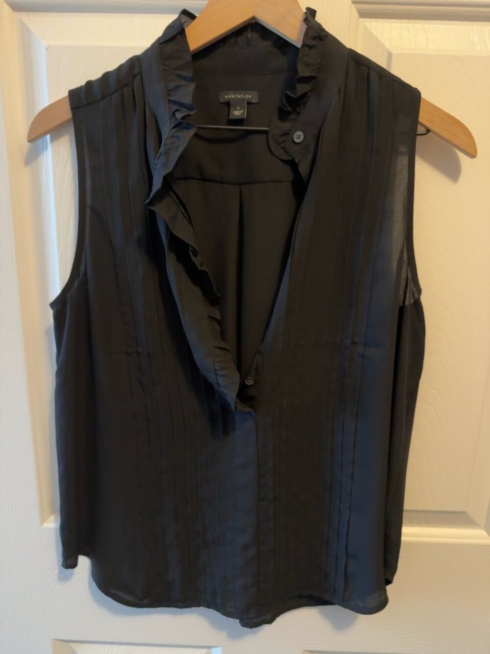 Ann Taylor Black Ruffle-Neck Pintuck Blouse, Small